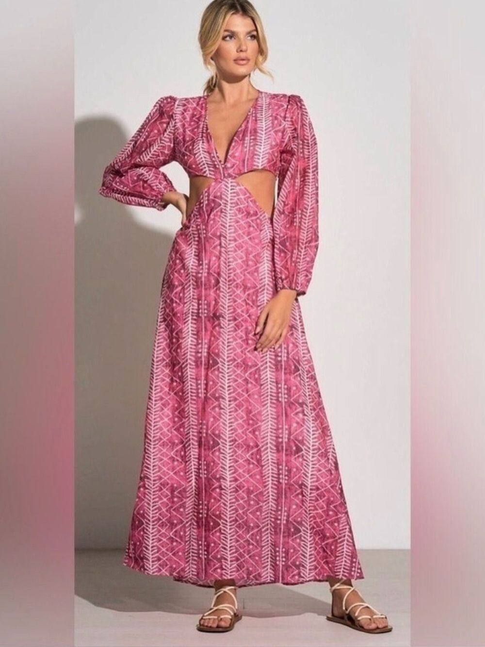 Elan Margaret Cut Out Maxi Dress Small Pink Tulum Batik Chiffon Resortwear Beach